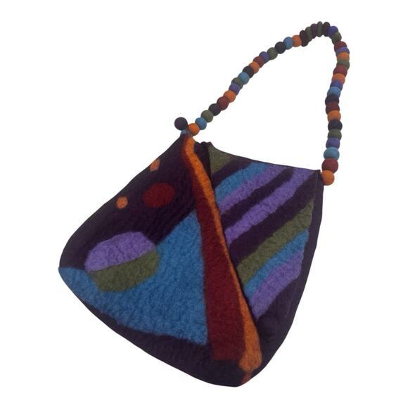 RISING TIDE Purple Hand Stitch Round Wool Felt Ball Bag Boho Artsy Hippie Nepal - Picture 2 of 14